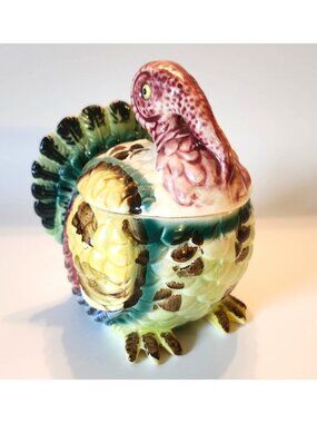 Vintage Tilso Ceramic Turkey Shaped Sauce Pot  Multicolor Glaze Thanksgiving Tab